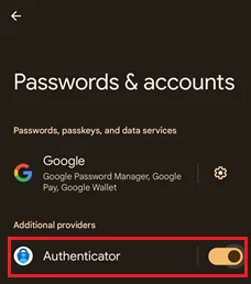 Authenticator switched on under Additional providers in Android settings.