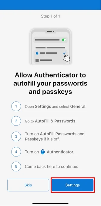 Authenticator prompting the user to open iOS Settings.