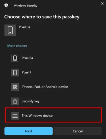 Dialog asking where to save the passkey, with This Windows device outlined in red.